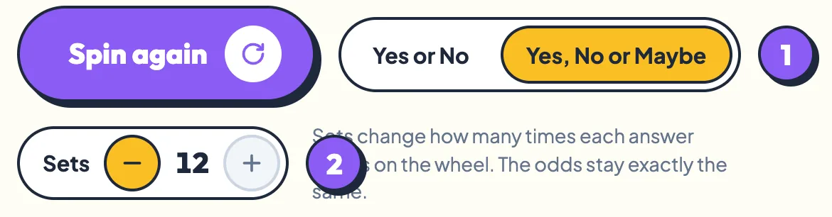 The answer switch set to Yes, No or Maybe and the Sets control set to 12