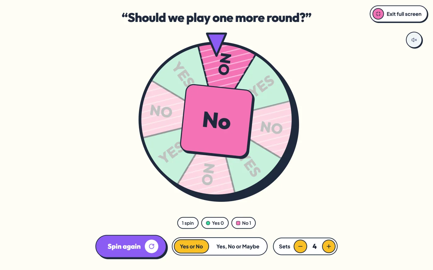 The wheel in full screen view with the question as a large title and the Spin button below