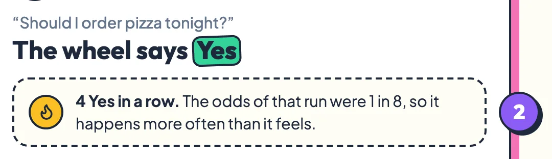 A result card noting 4 Yes in a row and that the odds of that run were 1 in 8