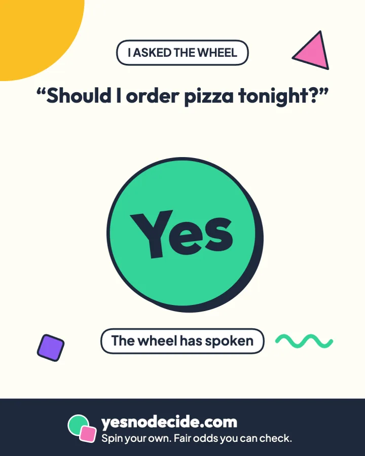 An example share image reading I asked the wheel, Should I order pizza tonight, with a large Yes sticker