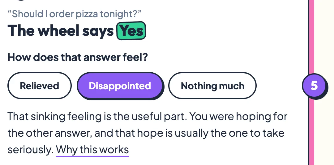 The result card showing the question, the answer No and the Disappointed reaction selected with its explanation