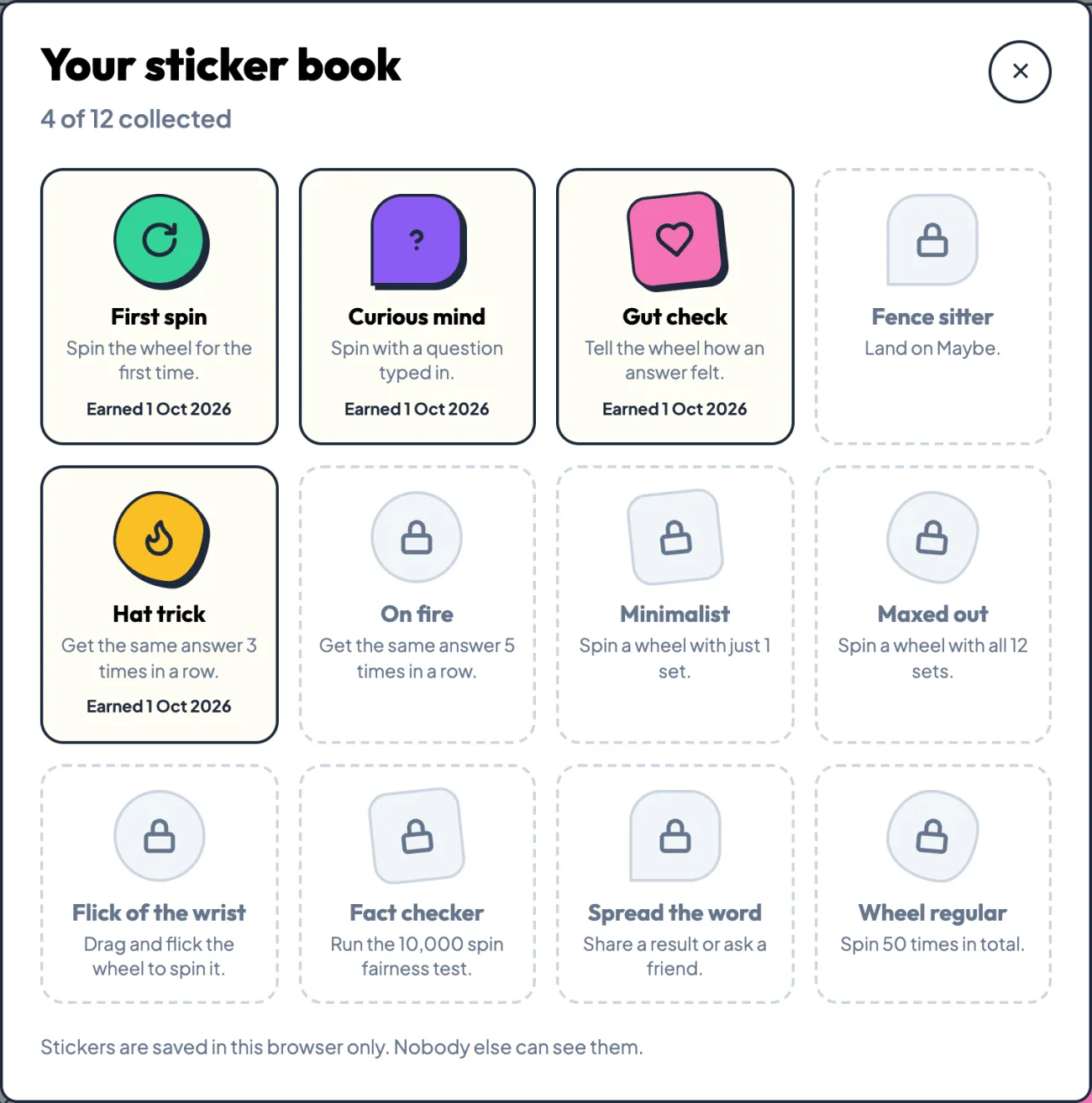 The sticker book showing 12 stickers, some collected in colour and some locked